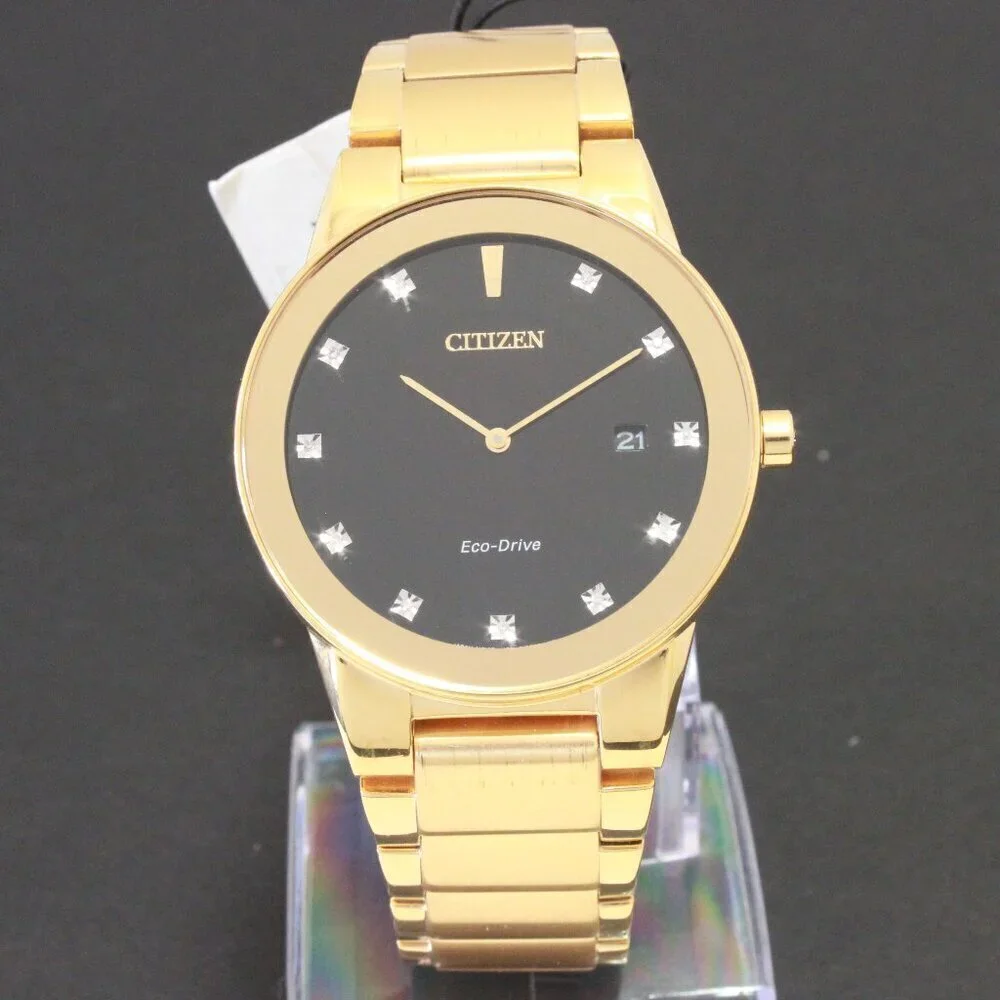Citizen Axiom Eco Drive Men's Watch Diamond Indices Gold Tone Black Dial 40mm